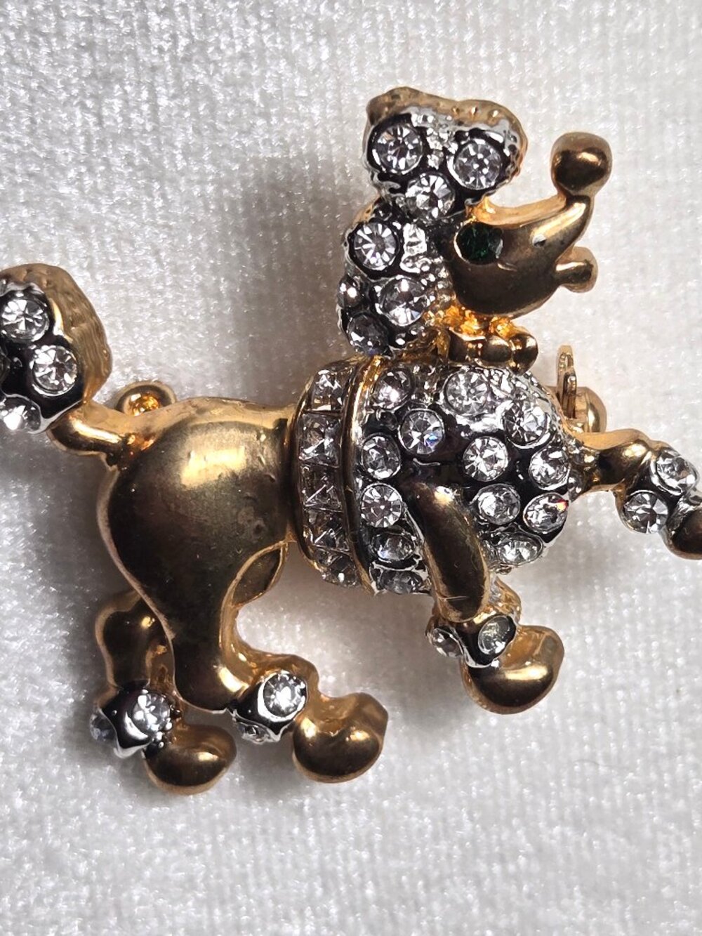 Vintage Gold Rhinestone Poodle Pin with Green Eye, Sparkling Puppy Brooch